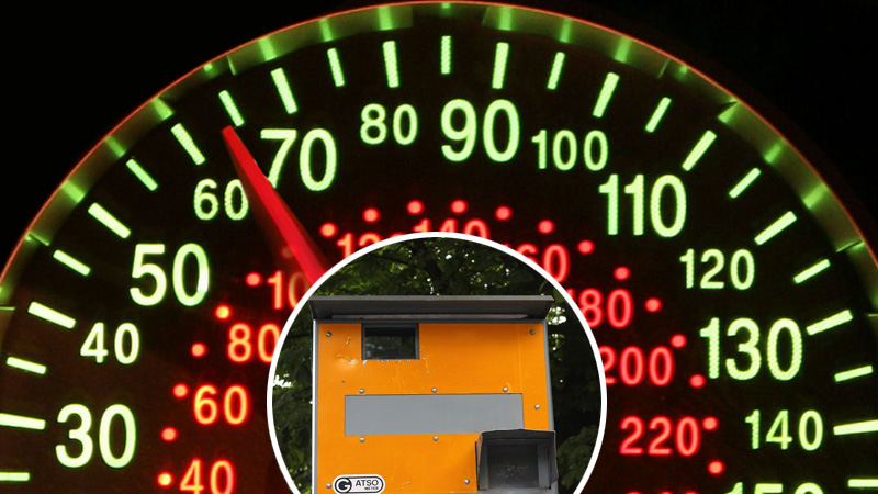 speedometer approaching 70mph with a speed camera ready to flash for a speeding ticket